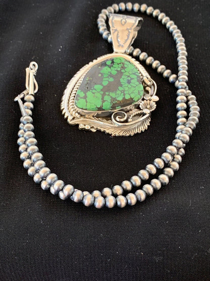 Green Spiderweb Turquoise Pendant Navajo Sterling Silver Beads Necklace 02983