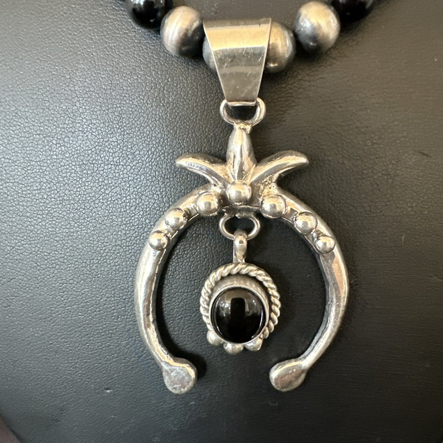 Mens Black Onyx Naja Pendant Navajo Pearls Sterling Silver Necklace 23” 17686