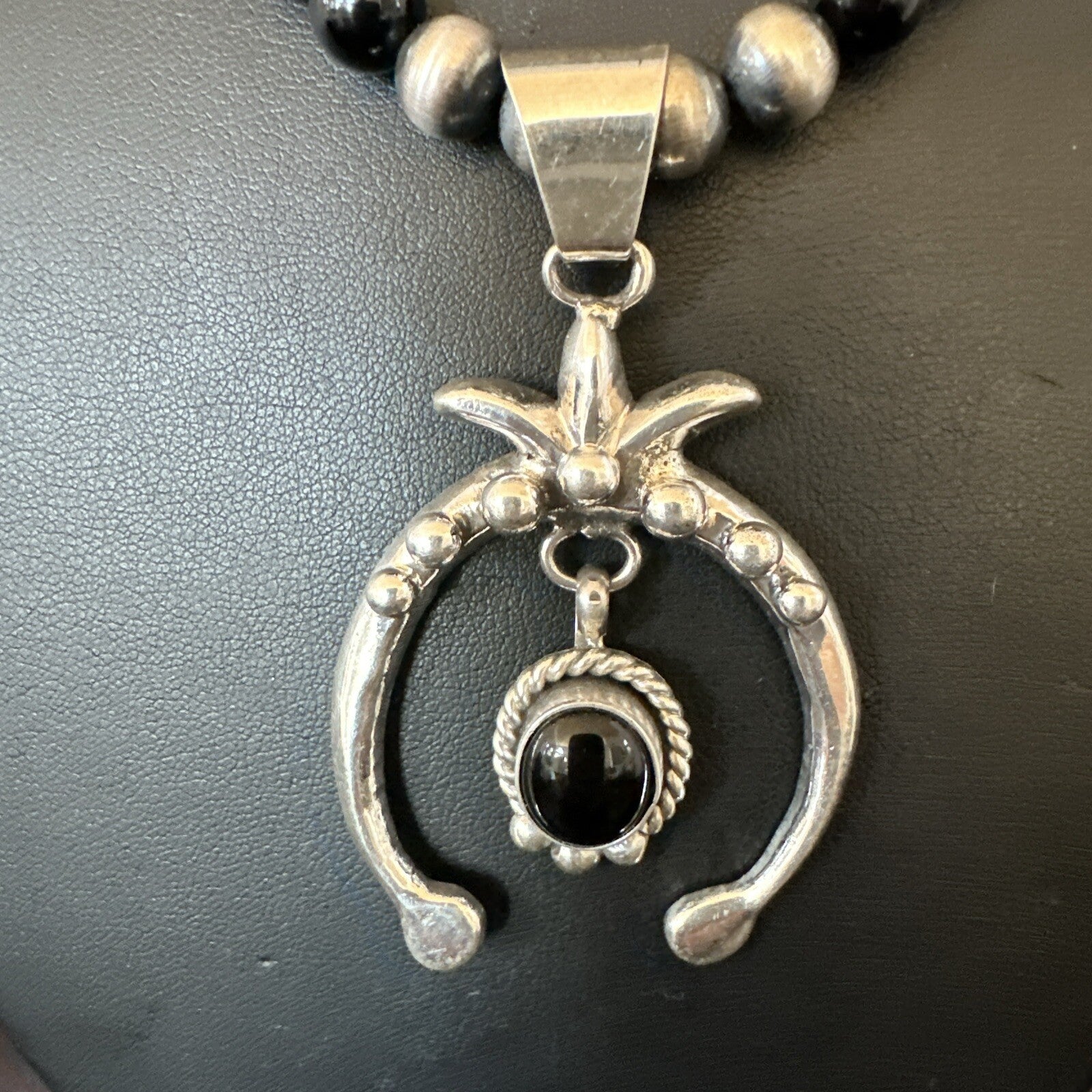 Mens Black Onyx Naja Pendant Navajo Pearls Sterling Silver Necklace 23” 17686