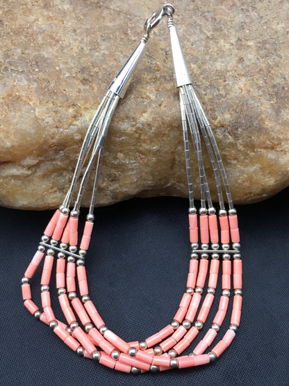 Native Pink Coral 5 Strand Heishi Liquid Sterling Silver Bracelet 7" 4345