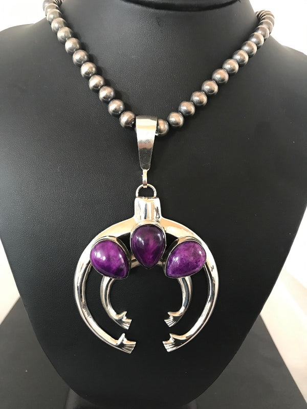 Purple Stone Naja Beads Necklace Pendant Earring Yazzie | Sterling Silver | Authentic Native American Handmade | 03894