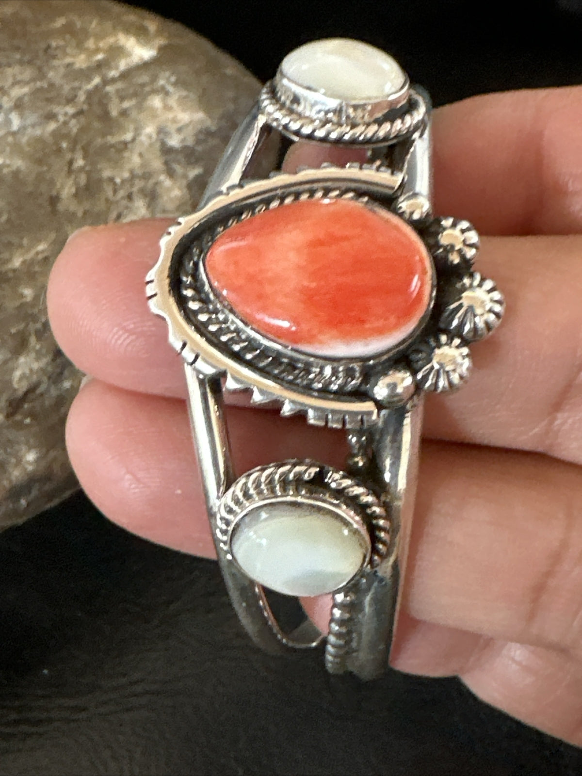 Red Spiny Oyster White MOP Navajo Sterling Silver Cuff Bracelet 17705