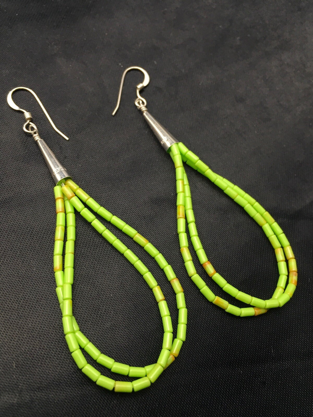 Gift Liquid Silver Heishi Dangle Green Gaspeite Sterling 2S Earrings 2.5” 4370