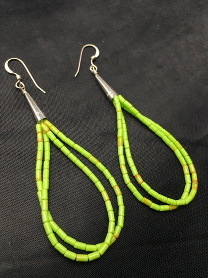 Gift Liquid Silver Heishi Dangle Green Gaspeite Sterling 2S Earrings 2.5” 4370