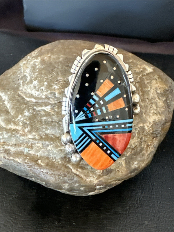 Onyx Turquoise Spiny Navajo Cosmic Inlay Ring Size 10 | Sterling Silver | Authentic Native American Handmade | 19783
