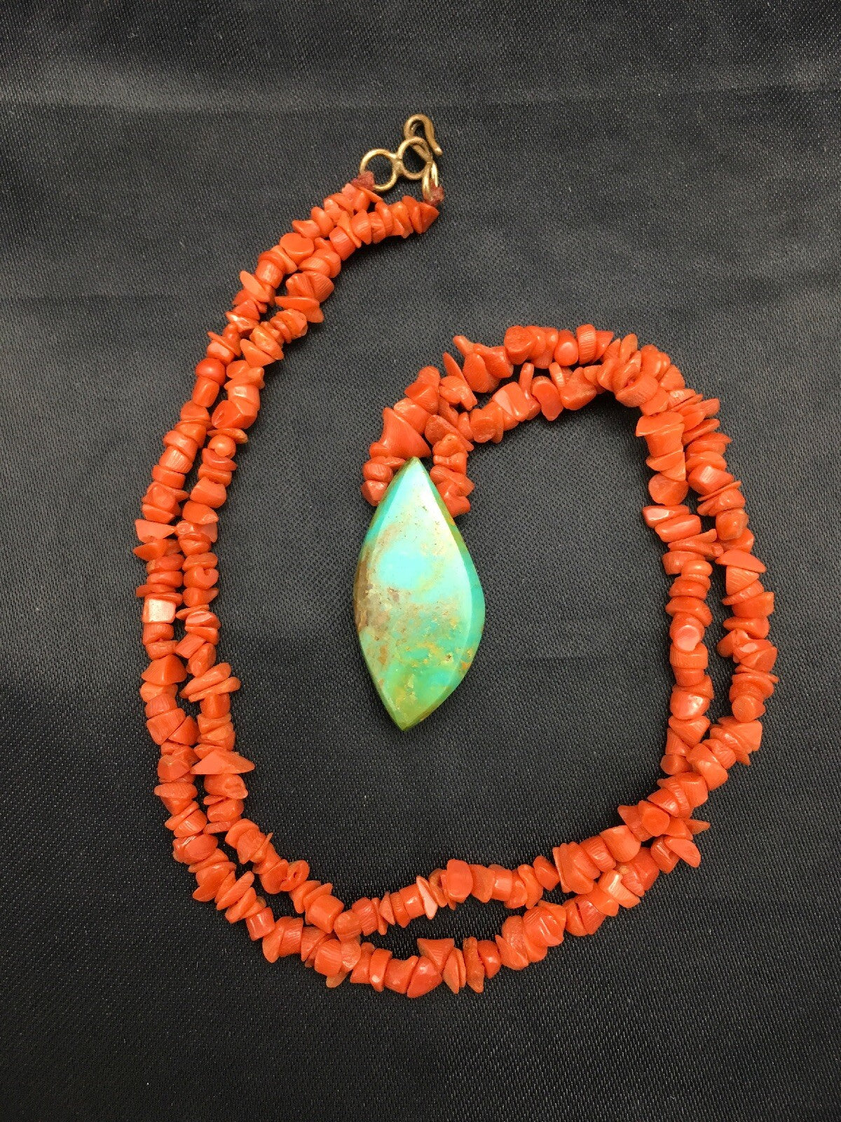 Native American Turquoise Pendant Coral Brass Old Pawn Necklace 19" 04005