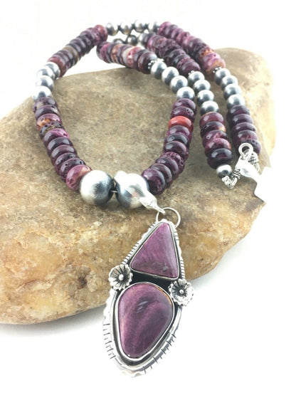 Purple Spiny Oyster Pendant Navajo Sterling Silver Beads Necklace 08175