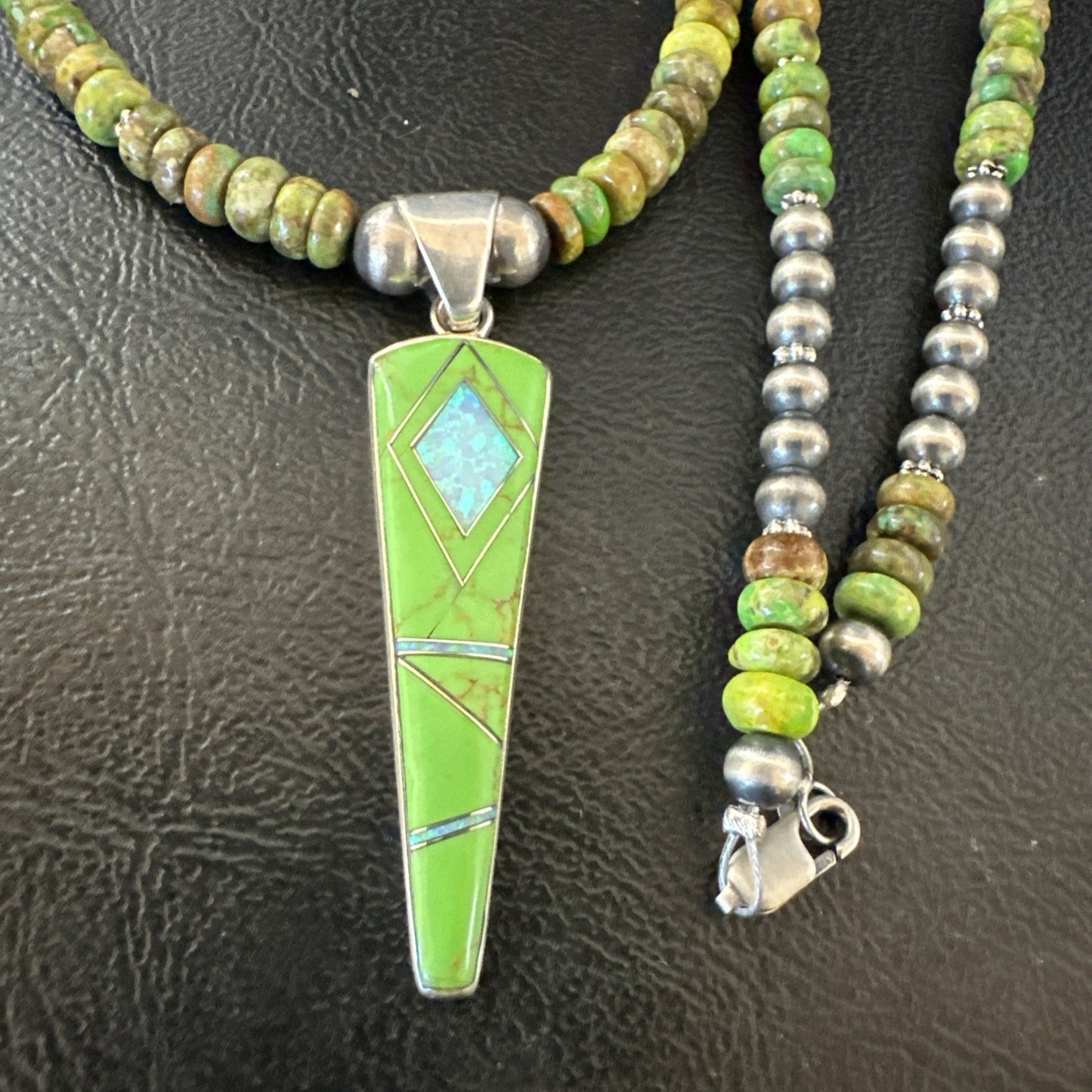 Womens Green Gaspeite Turquoise Opal Pendant Sterling Silver Necklace 19547