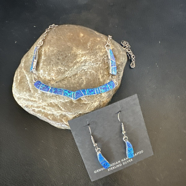 Old Pawn Blue Opal Necklace Inlay Navajo 16"Earrings | Sterling Silver | Authentic Native American Handmade | 19125