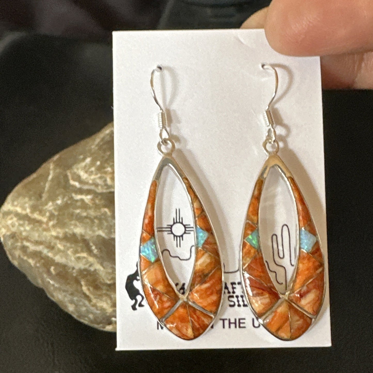 Women Opal Spiny Oyster Inlay Southwestern Sterling Silver Dangle Earrings 19136