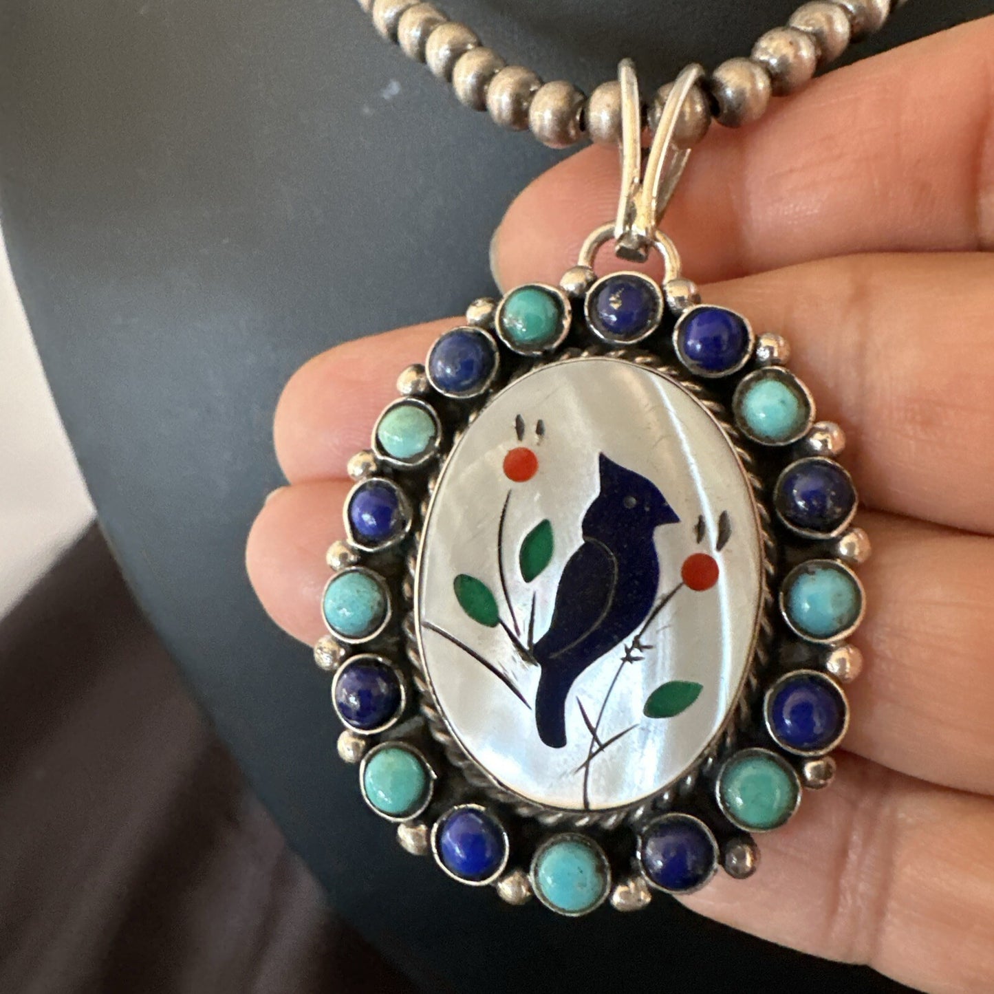 Blue Turquoise Black Onyx Inlay Pendant Sterling Silver Necklace 20�17926