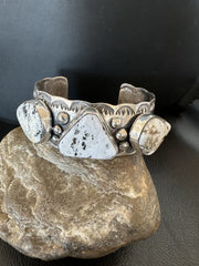 Men's White Buffalo Turquoise Navajo Cuff Bracelet 7.75" | Sterling Silver | Authentic Native American Handmade | 19427