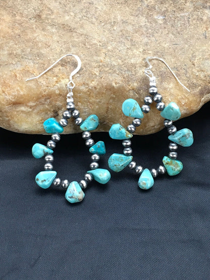Blue Turquoise Cluster Navajo Sterling Silver Earrings 2" 02971