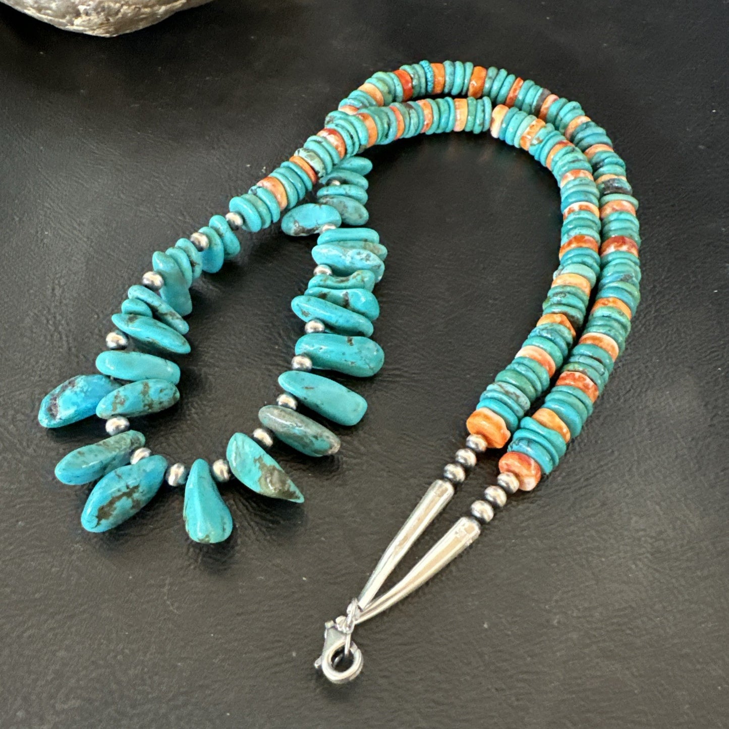 Mens Women Navajo Blue Turquoise Spiny Oyster Necklace Sterling Silver 24” 19506