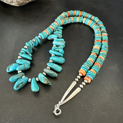 Mens Women Navajo Blue Turquoise Spiny Oyster Necklace Sterling Silver 24” 19506