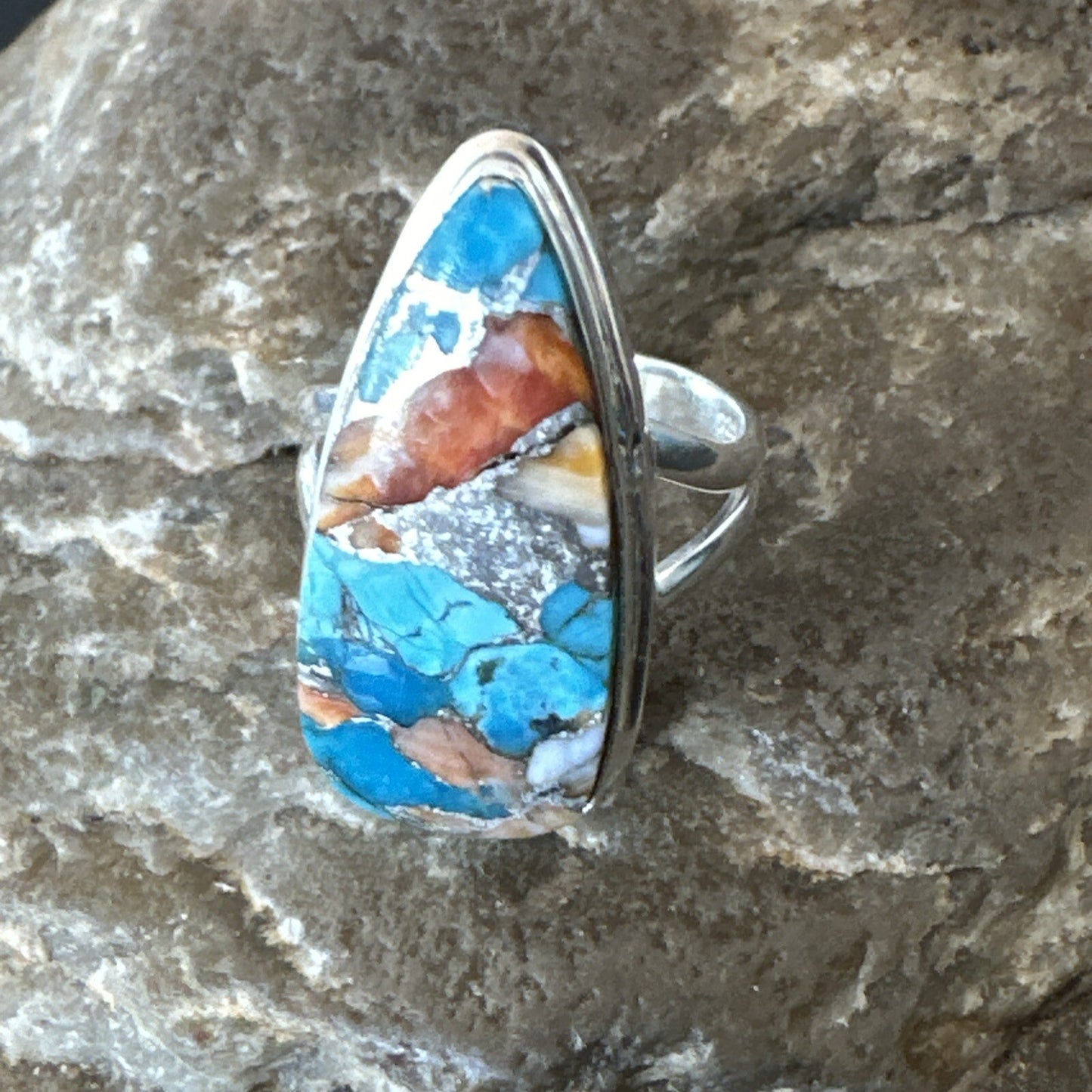 Blue Turquoise Spiny Oyster Southwestern Sterling Silver Ring Size 5 18501