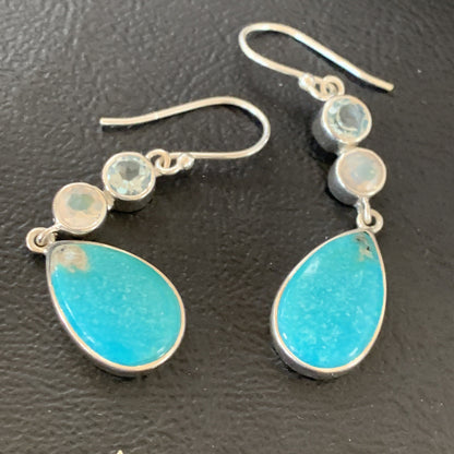 Womens Blue Kingman Turquoise Navajo Sterling Silver Earrings 12035