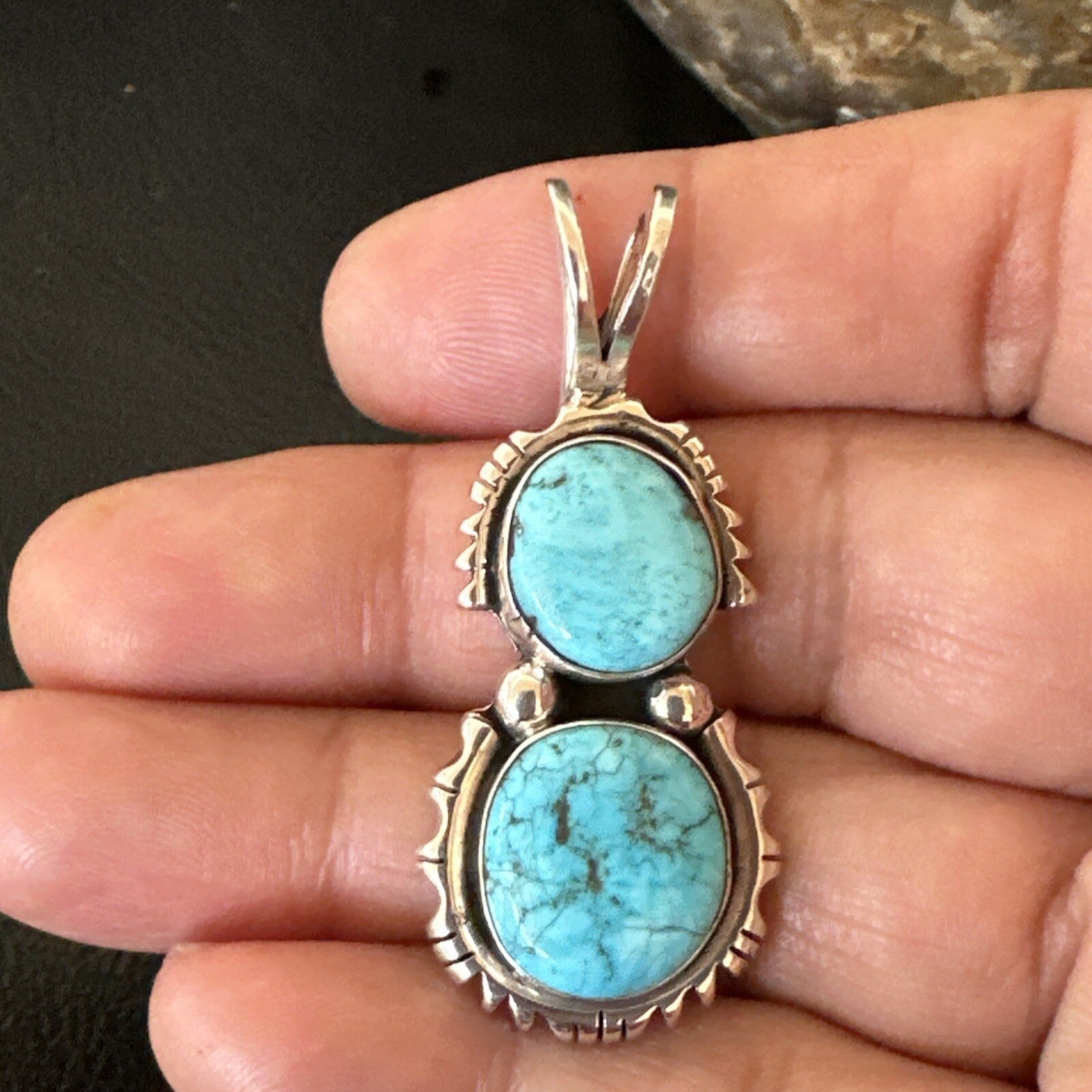 Blue Turquoise 2 Stone Navajo Sterling Silver Cluster Pendant Only 18350
