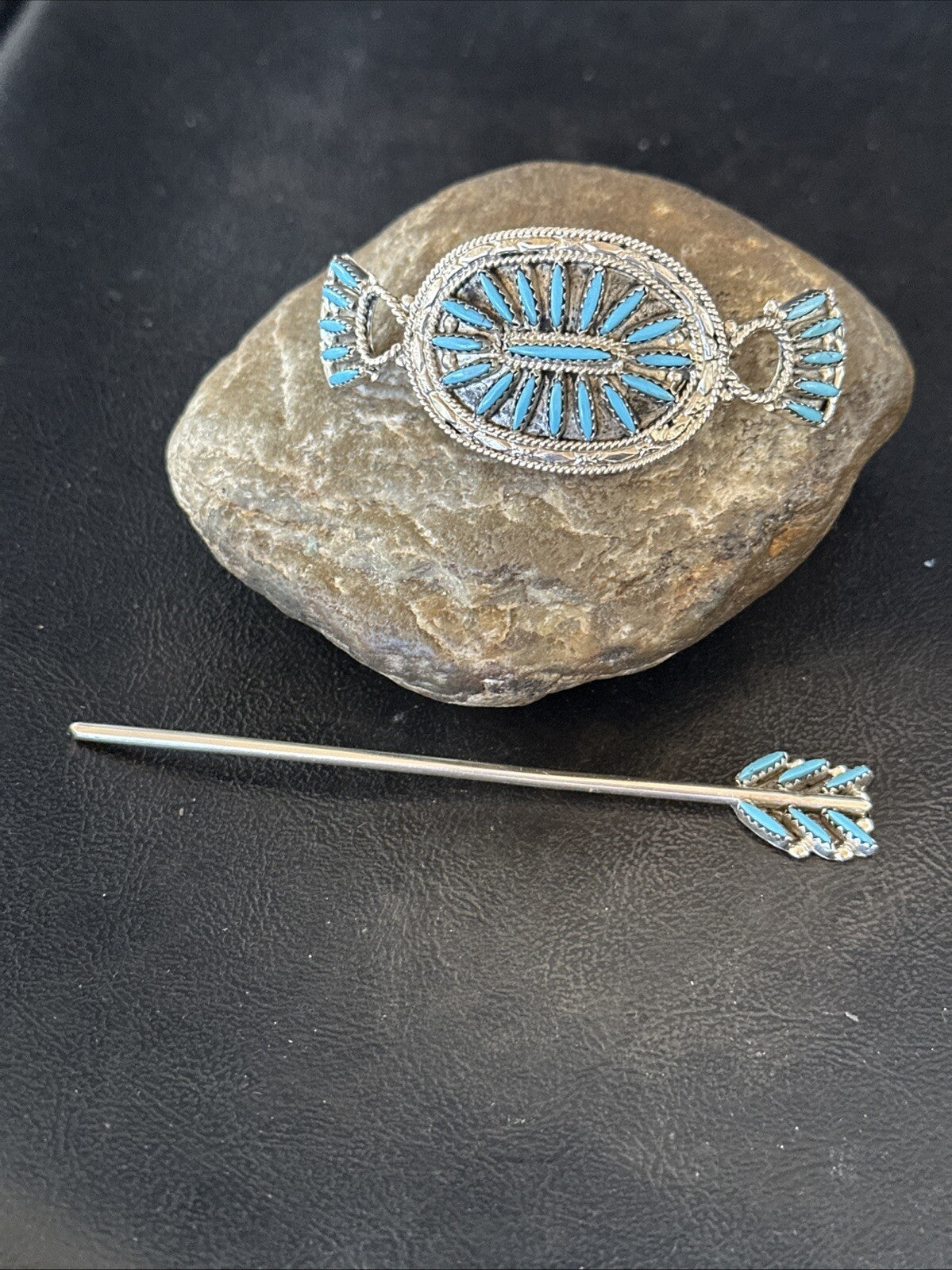 A Zuni Needle Point Sterling Silver Blue Turquoise Hair Barrette 4" 18622