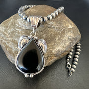 Men's Women's Black Onyx Pendant Navajo Beads Necklace | Sterling Silver | Authentic Native American Handmade | 18351