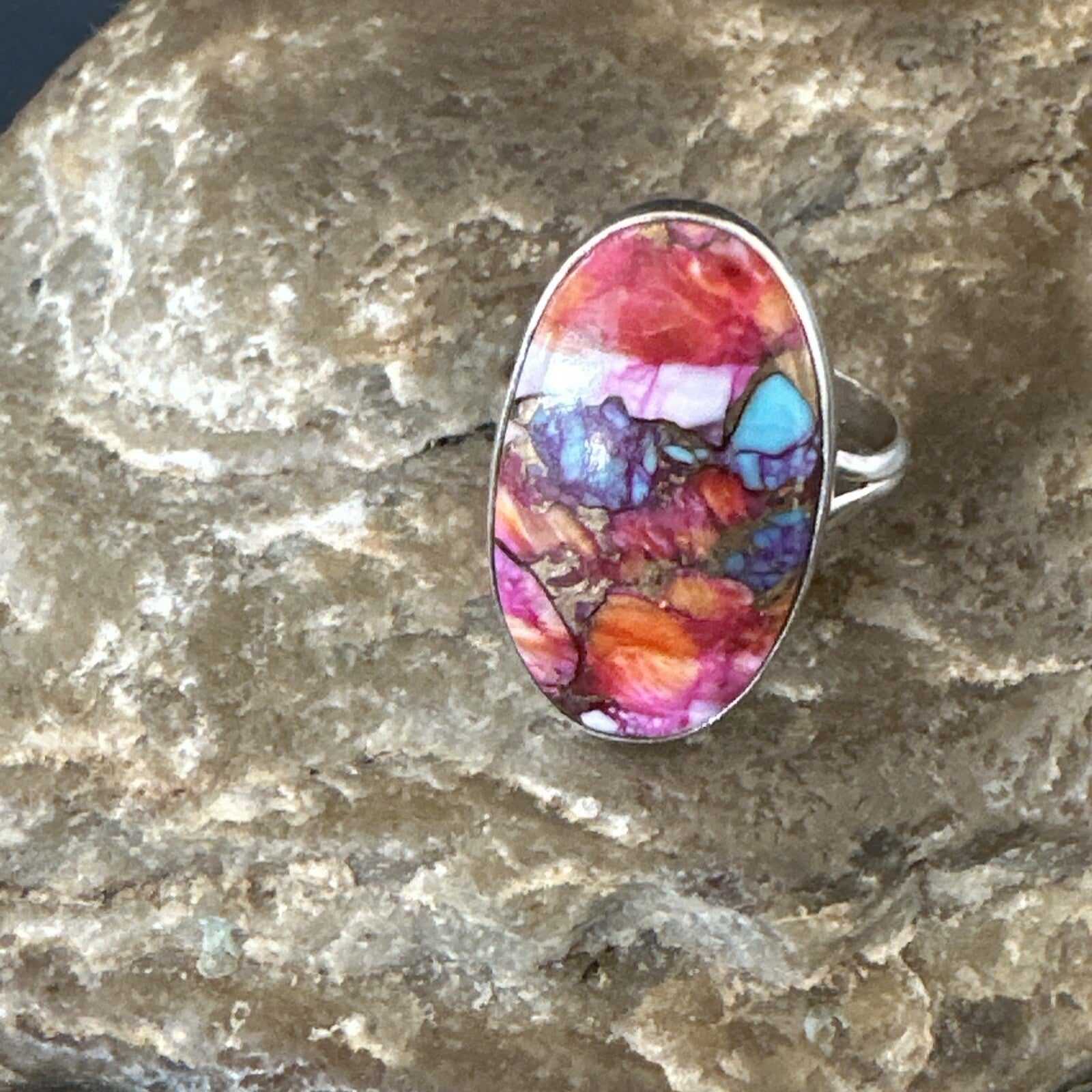 Blue Turquoise Spiny Oyster Navajo Sterling Silver Ring Size 8 18216