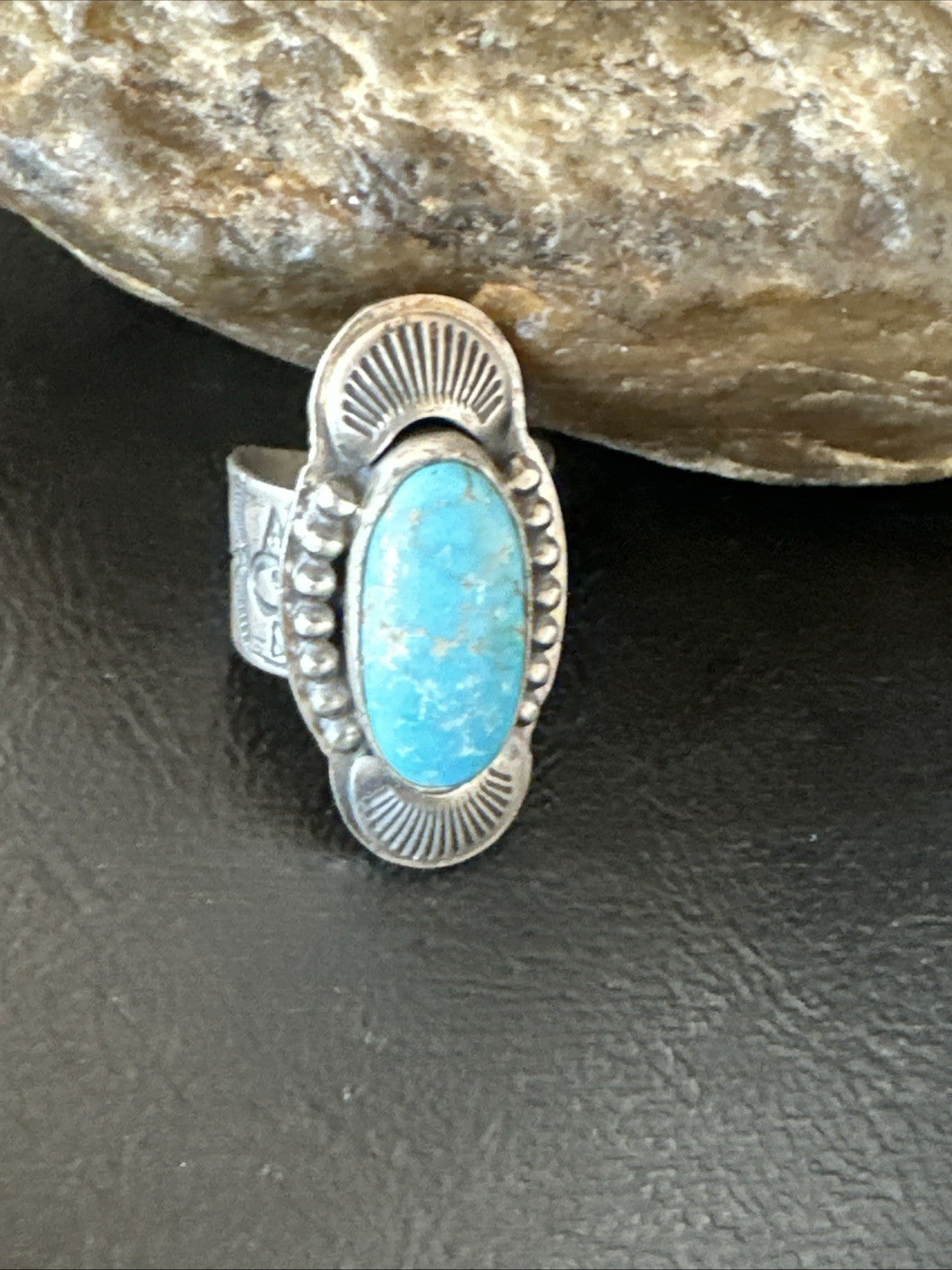 WoMens Blue Kingman Turquoise Navajo Sterling Silver Adjustable Ring Sz 8 19421