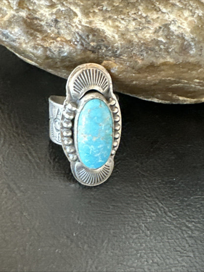WoMens Blue Kingman Turquoise Navajo Sterling Silver Adjustable Ring Sz 8 19421