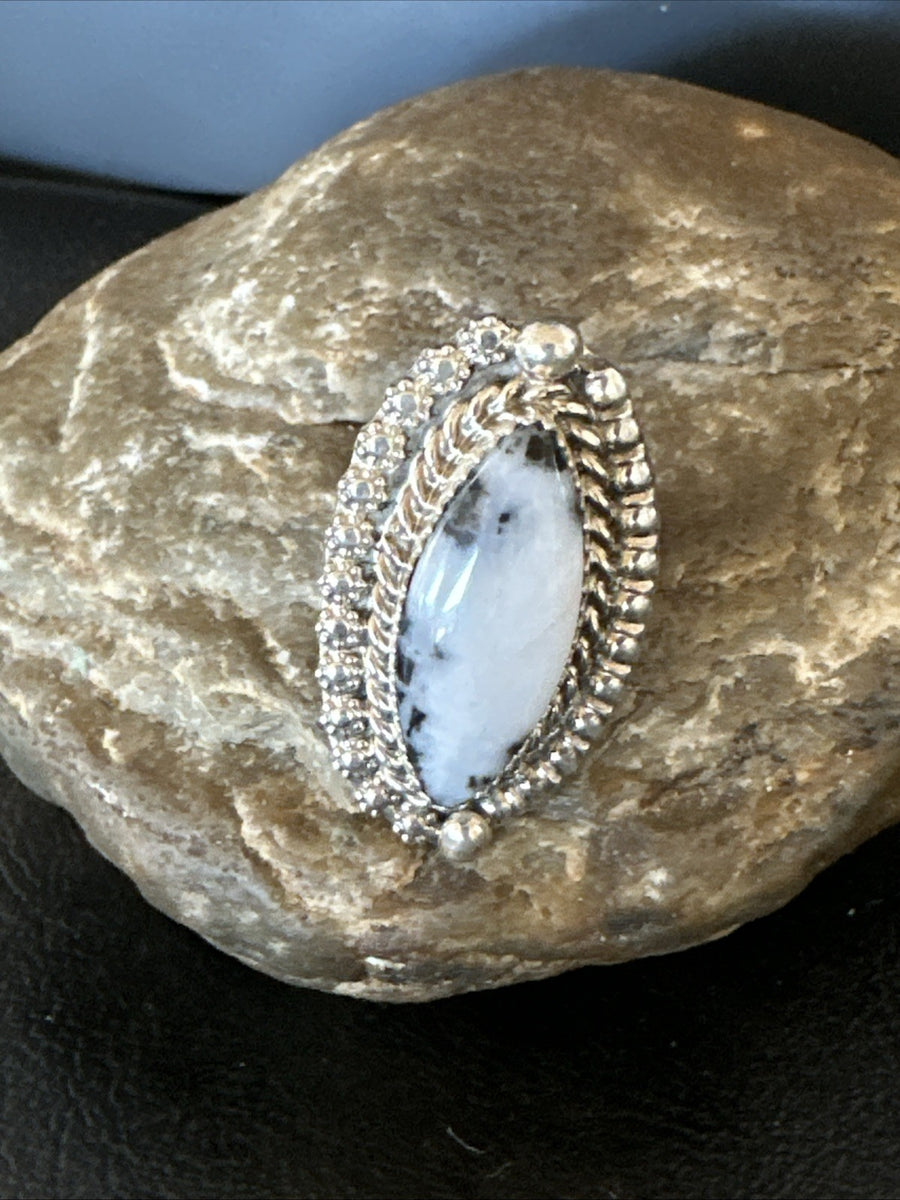Black White Buffalo Turquoise Navajo Sterling Silver Ring Size 6.5 19804
