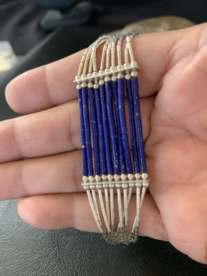 Blue Lapis Liquid Heishi Tubes 10 Strands Sterling Silver Bracelet 7.25" 12635