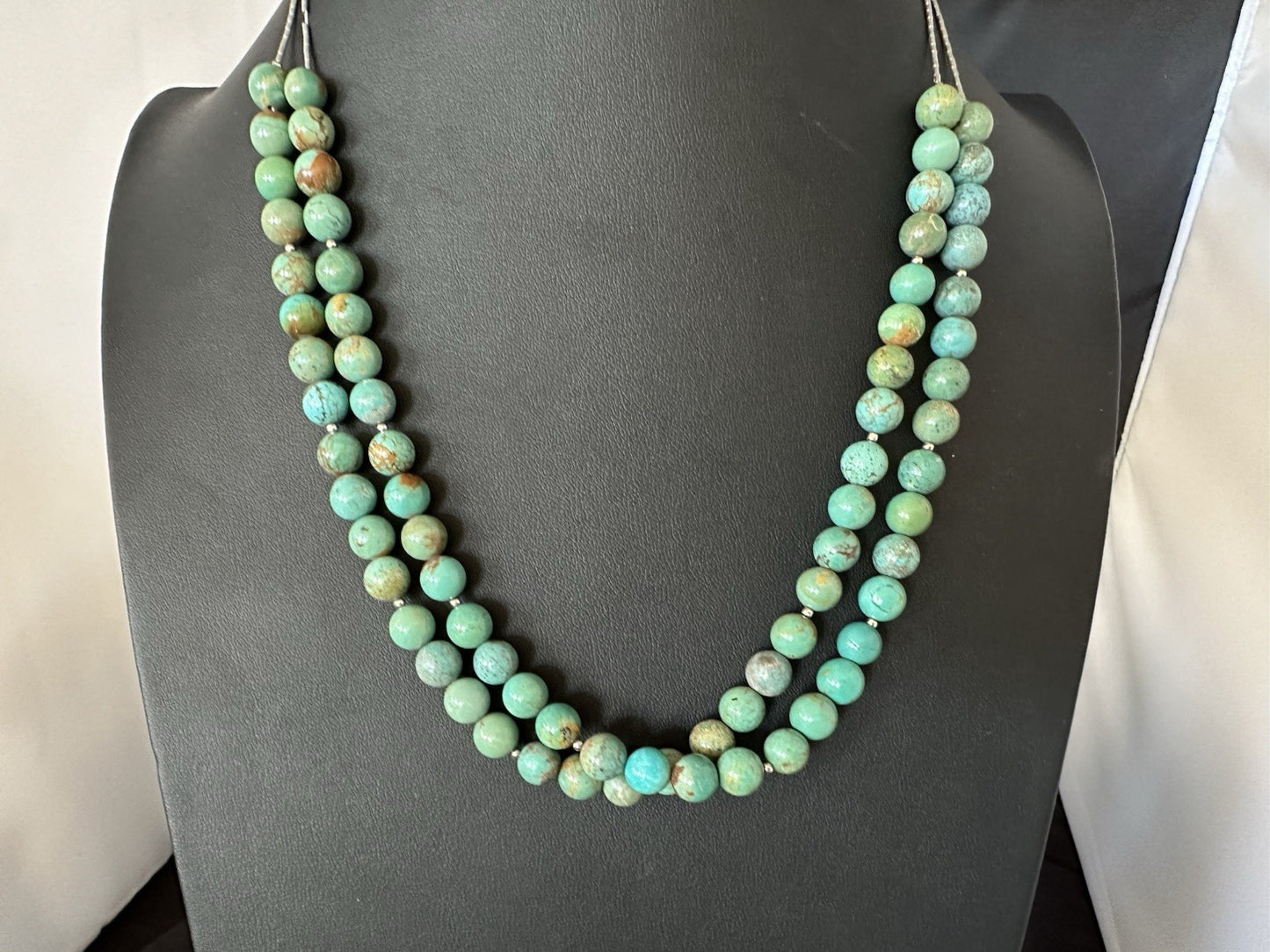 Native Turquoise Bead 2 Strand Navajo Sterling Silver Necklace 22” 19464