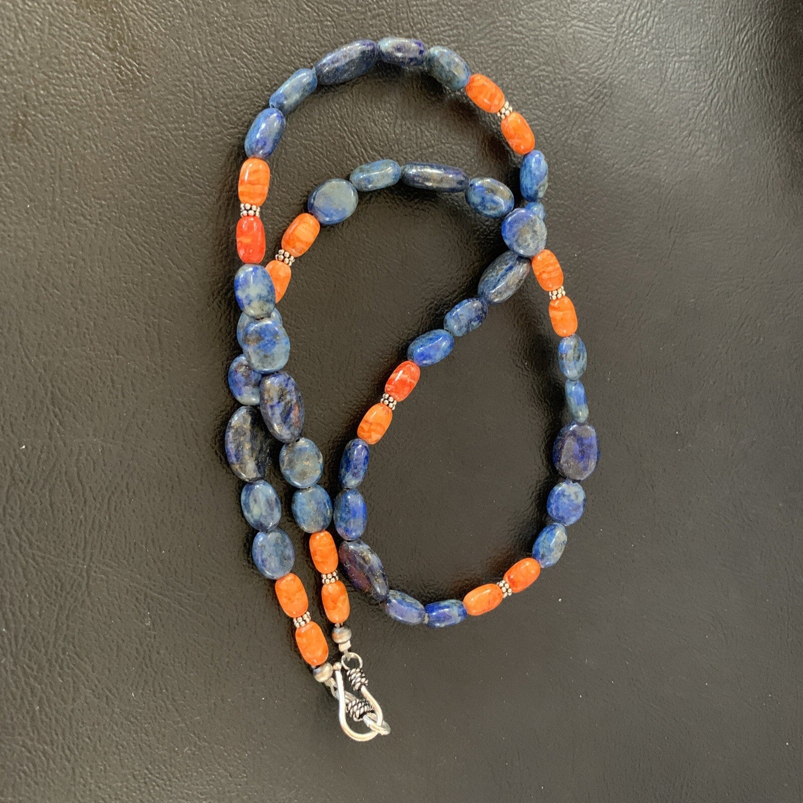 Mens Lapis Orange Spiny Oyster Navajo Pearls Sterling Silver Necklace 20" 01489