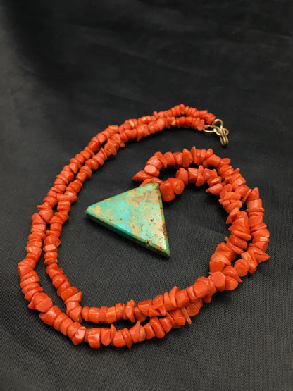 Native Kingman Turquoise Pendant Coral Brass Old Pawn Necklace 19" 04030