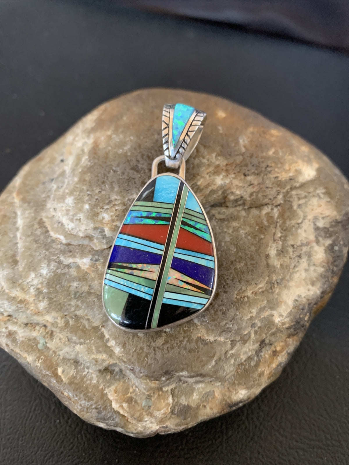Womens Turquoise Coral & Opal Navajo Sterling Silver Inlay Pendant 12494
