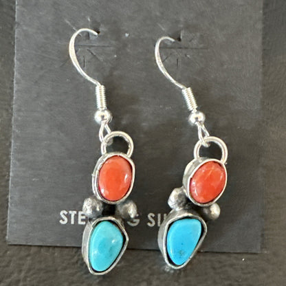 Handmade Blue Turquoise Red Coral Sterling Silver Navajo Dangle Earrings 18842