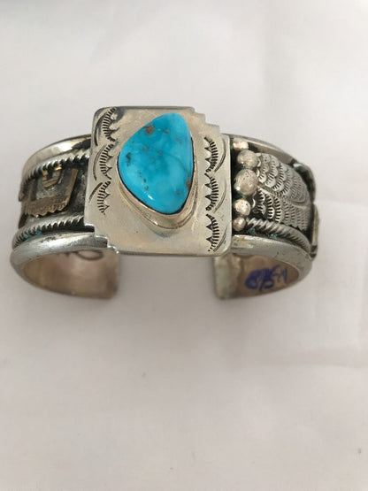 Blue Turquoise Navajo Sterling Silver Cuff Bracelet 12K Gold 08290
