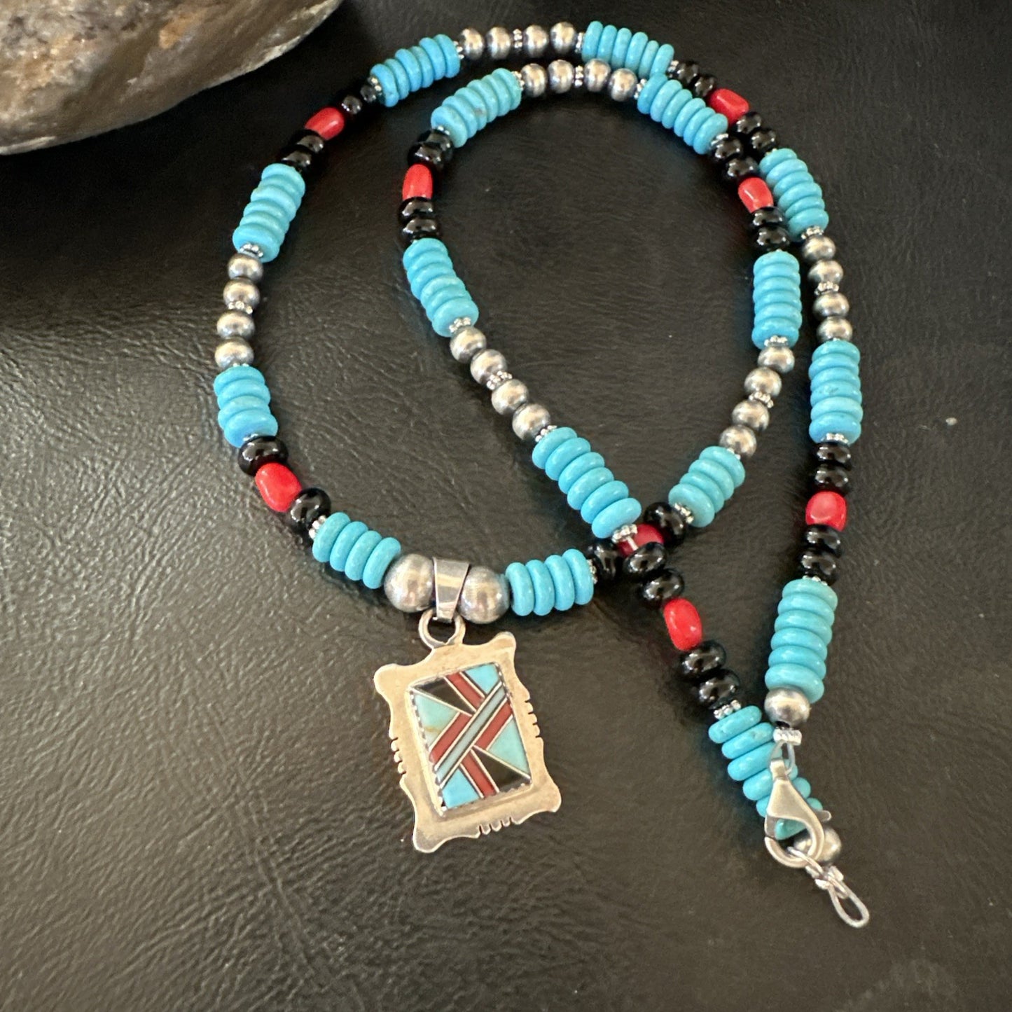 Multicolor Turquoise Coral Navajo Sterling Silver Inlay Pendant Necklace 19649