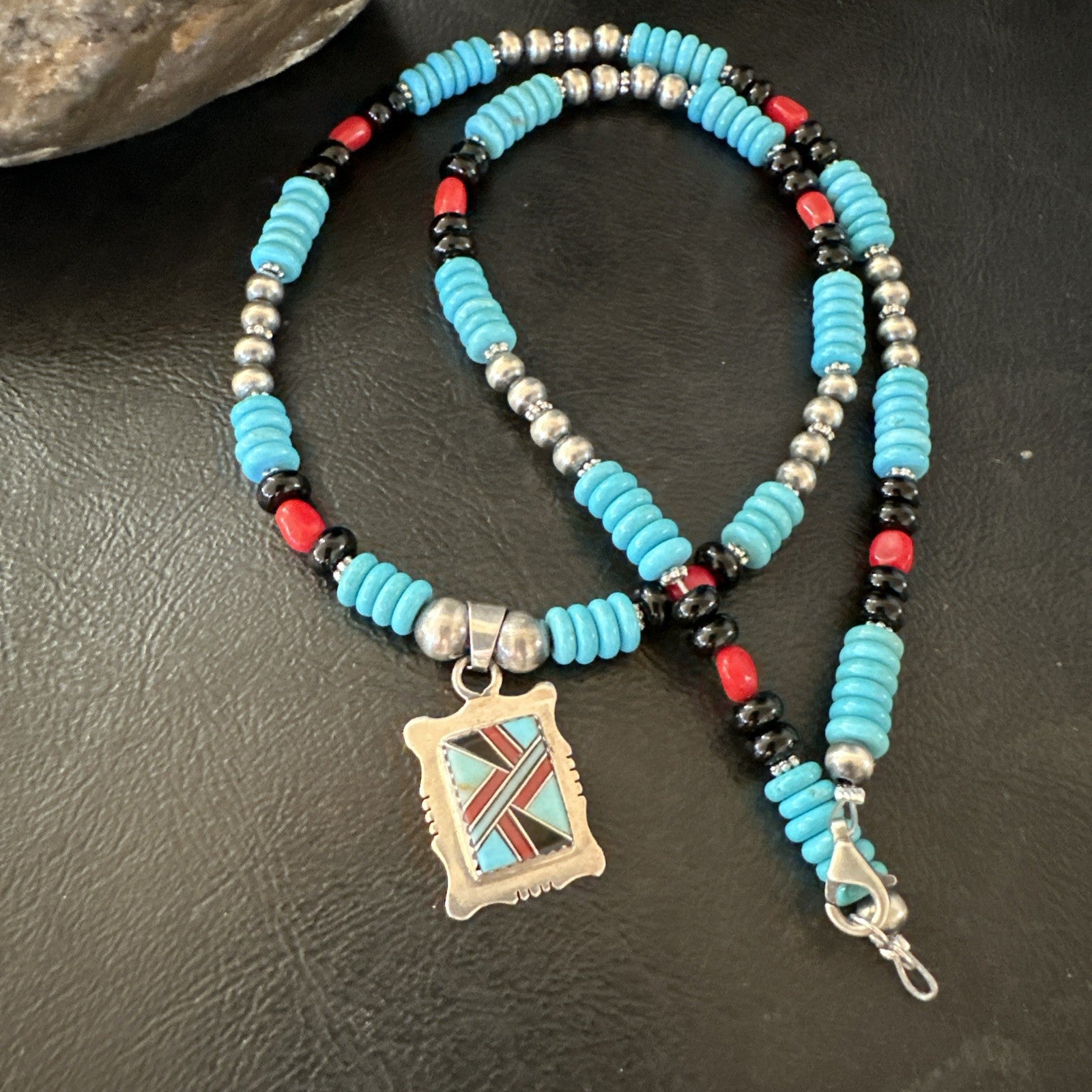 Multicolor Turquoise Coral Navajo Sterling Silver Inlay Pendant Necklace 19649