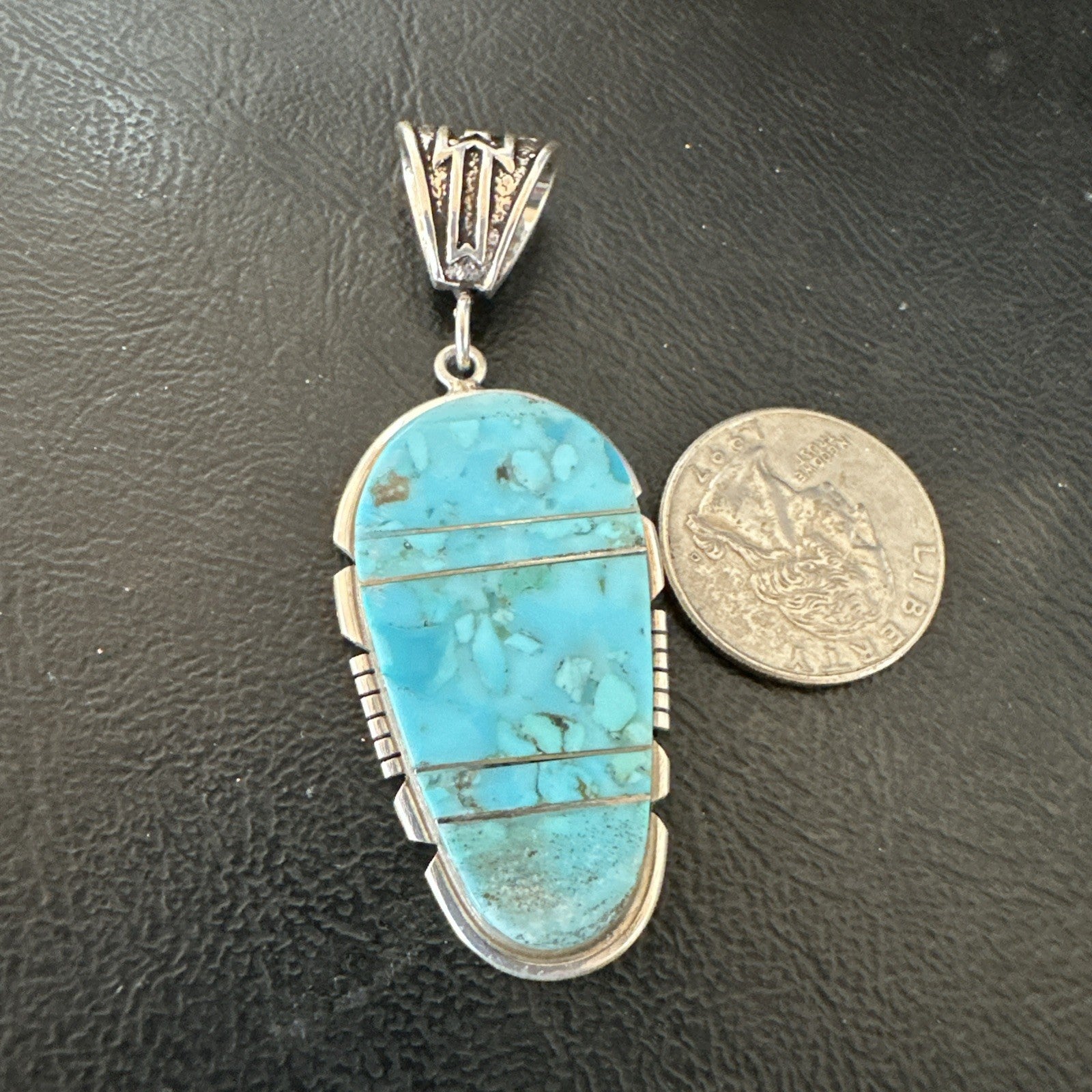 Navajo B E Inlay 925 Sterling Silver Turquoise Pendant Cobblestone 2.5" 19399