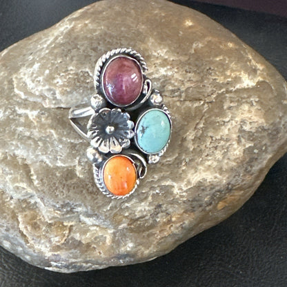 Multicolor Ring Turquoise Spiny Navajo Sterling Silver Cluster Size 8.5 19167