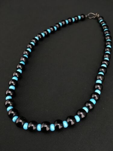 Navajo Black Onyx & Turquoise Bead Necklace Sterling Silver 18" 4882