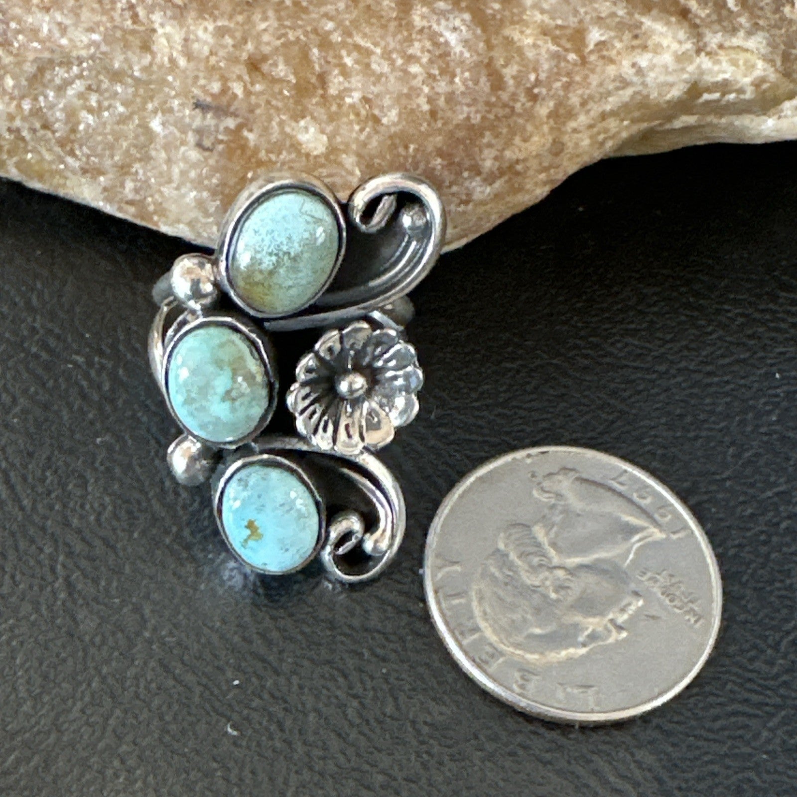 Yazzie Ring Green Turquoise Navajo Sterling Silver Cluster Size 8.5 19213