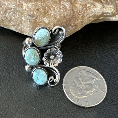 Yazzie Ring Green Turquoise Navajo Sterling Silver Cluster Size 8.5 19213