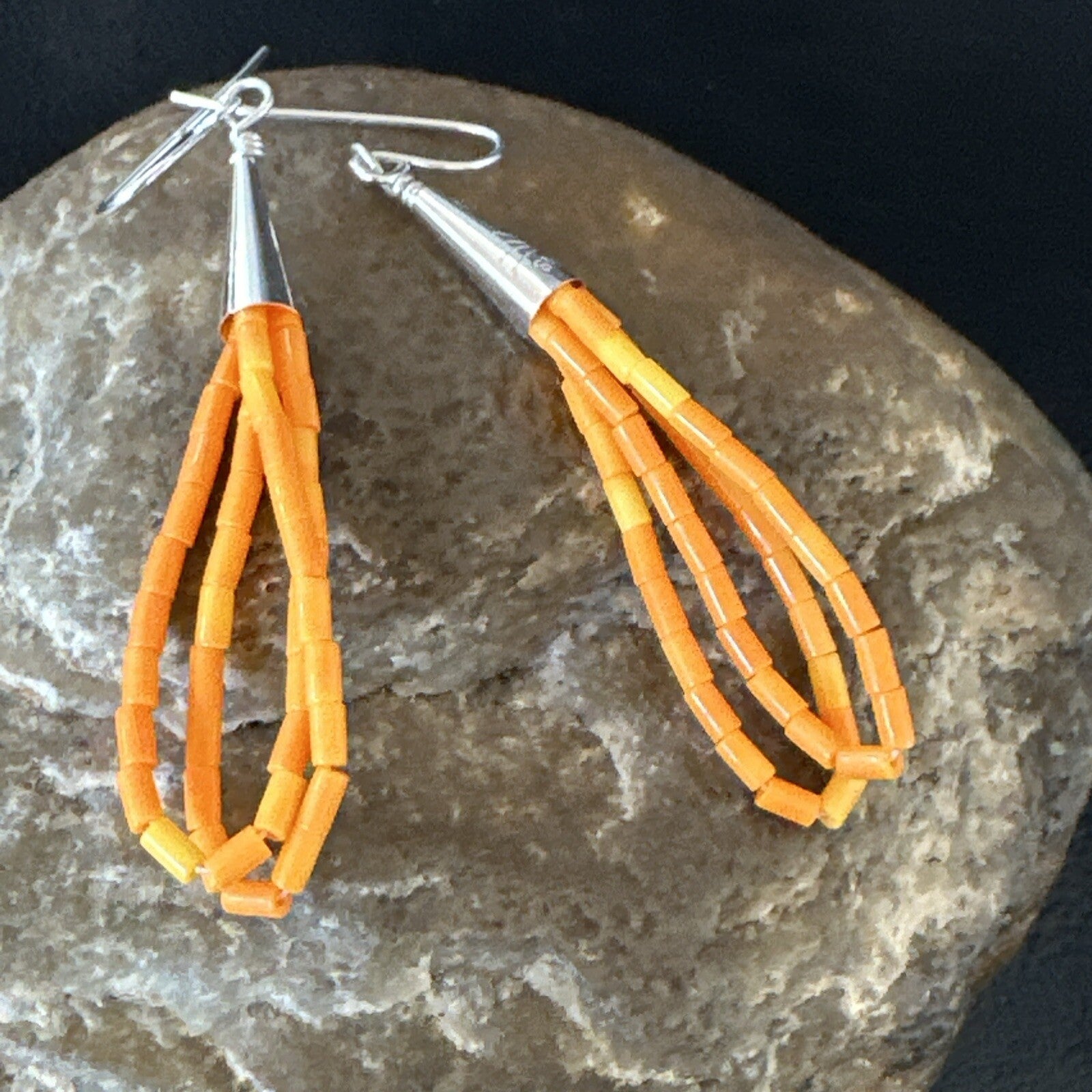 Orange Beads 2 Strands Heishi Liquid Sterling Silver Dangle Earrings 2" 18178