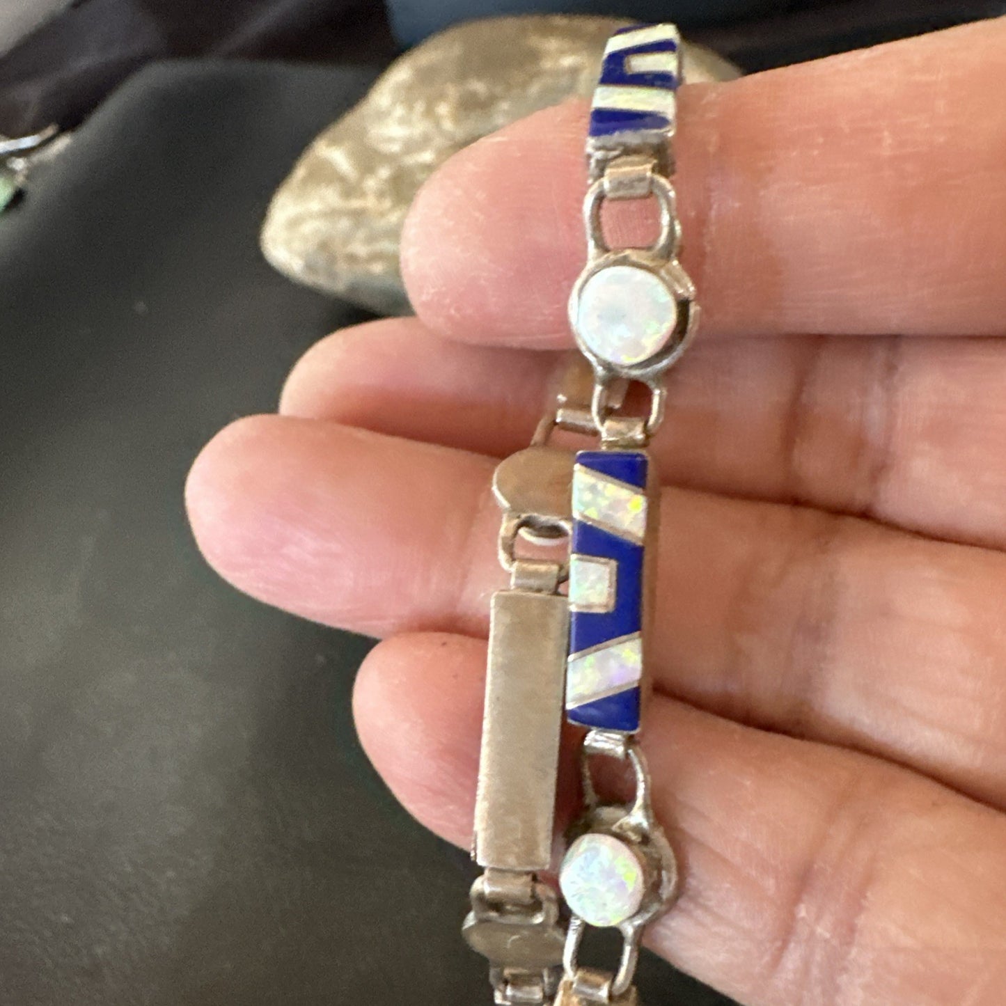 A Womens Blue Lapis Opal Sterling Silver Link Bracelet 7" 19794