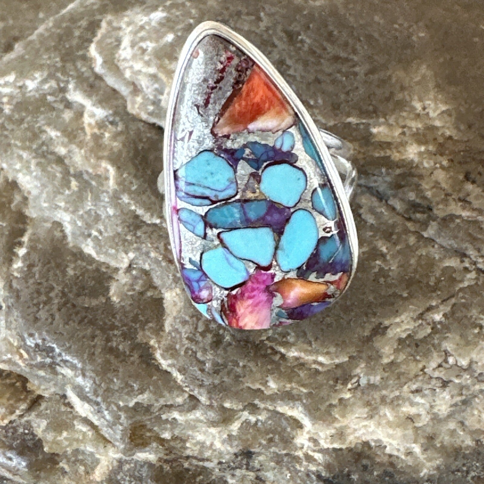 Blue Turquoise Spiny Oyster Navajo Sterling Silver Ring Size 7 18226