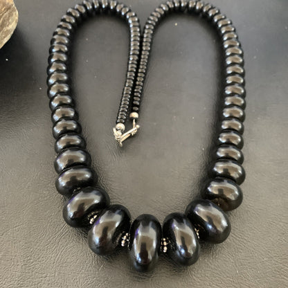 Black Jet Onyx Graduated Bead Navajo Pearls Sterling Silver Necklace 24" 12529