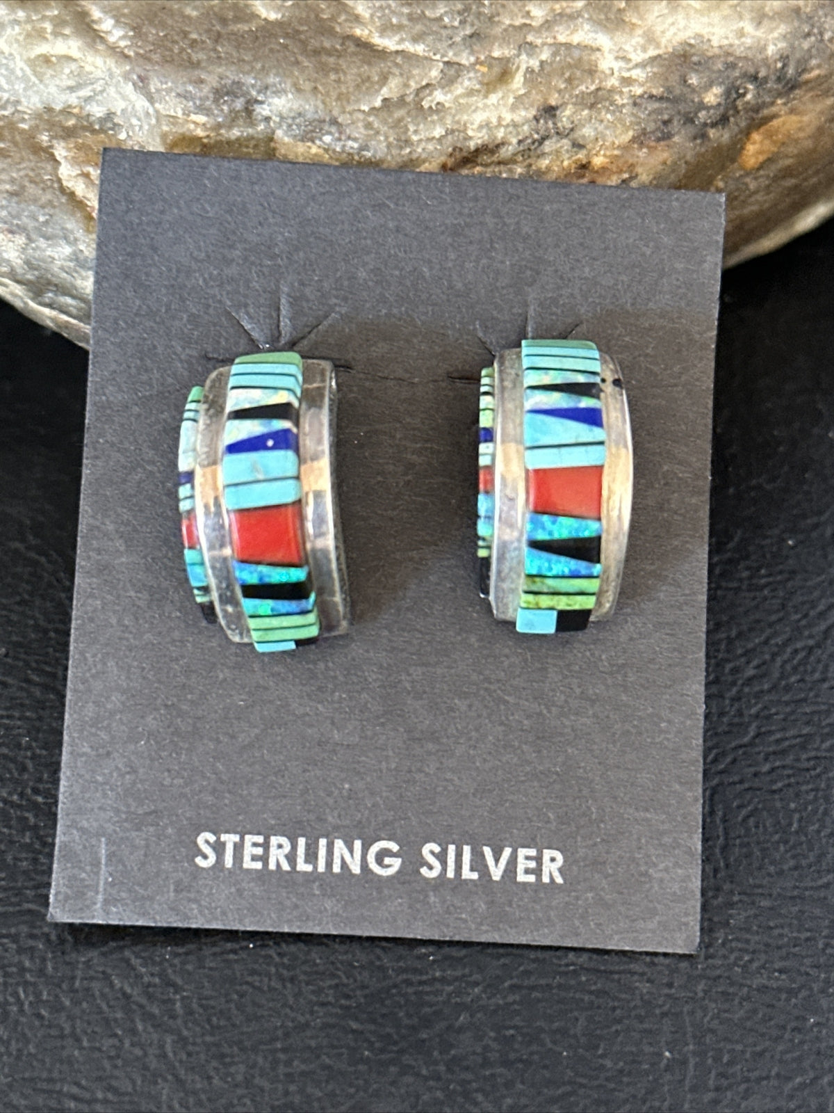Blue Turquoise & Spiny Oyster Navajo Sterling Silver Inlay Earrings 1” 14765