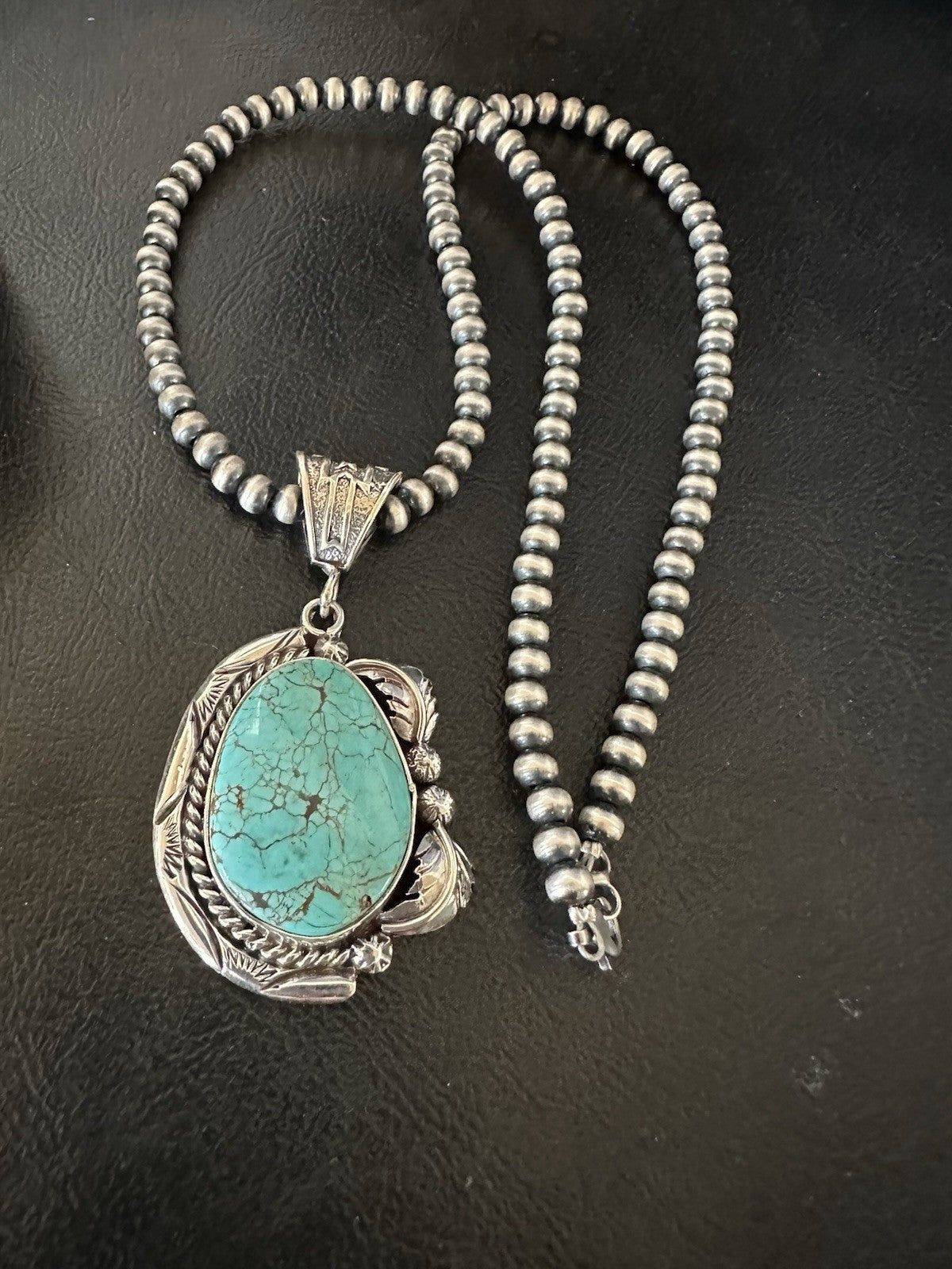 Blue Turquoise #8 Pendant Navajo Pearls Sterling Silver Necklace 19388