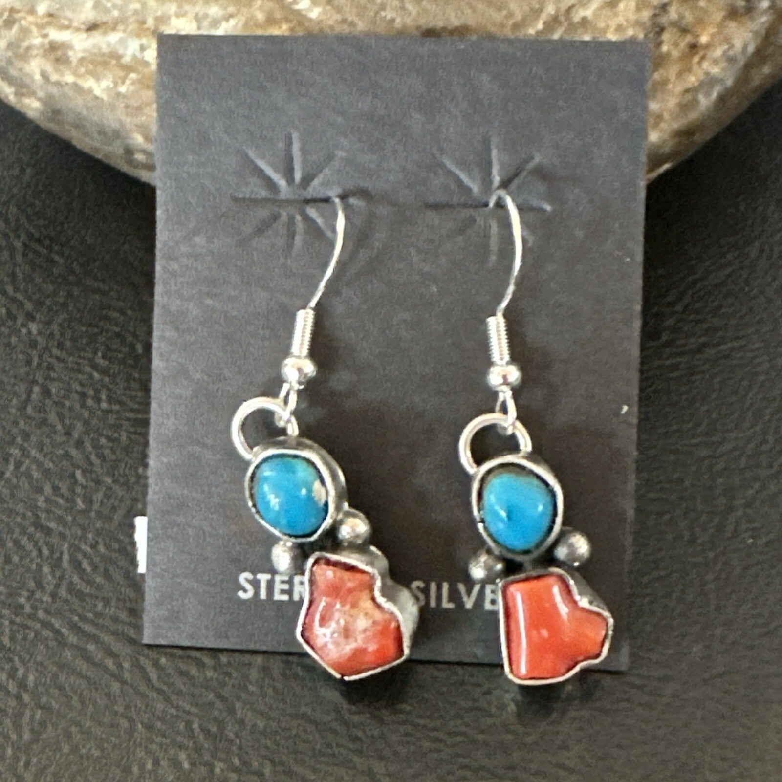 Handmade Blue Turquoise Red Coral Sterling Silver Navajo Dangle Earrings 18839