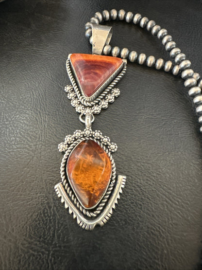 Multicolor Turquoise Spiny Navajo Sterling Silver Cluster Pendant Necklace 19684